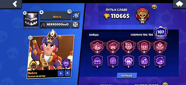 🔥 Brawl Stars account, on which I DONATED A LOT 🔥 All screenshots will be sent in private messages, 402 skins, 110665 trophies, 106 brawlers, 107 primes
