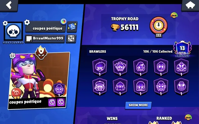 ❀˖°🌺 Master 2025 ❀˖°🌺 61-11 Power | 57 Hypercharges | 46 Buffs ❀˖°🌺, 56111 trophies, 106 brawlers, 13 primes