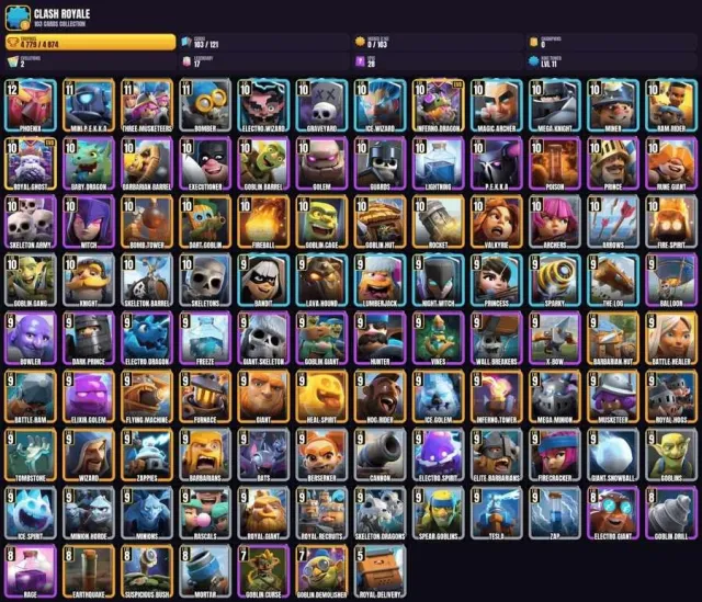 11 King Level 💎 103 Cards 🎯 2 EVO CARDS 💎 1×12 Level 💎 3×11 Level 🏆 36×10 Level 🎮 54×9 Level 💎 6×8 Level 💎 2, Arena 14, Level 11, 4779 trophies, 103 cards, No