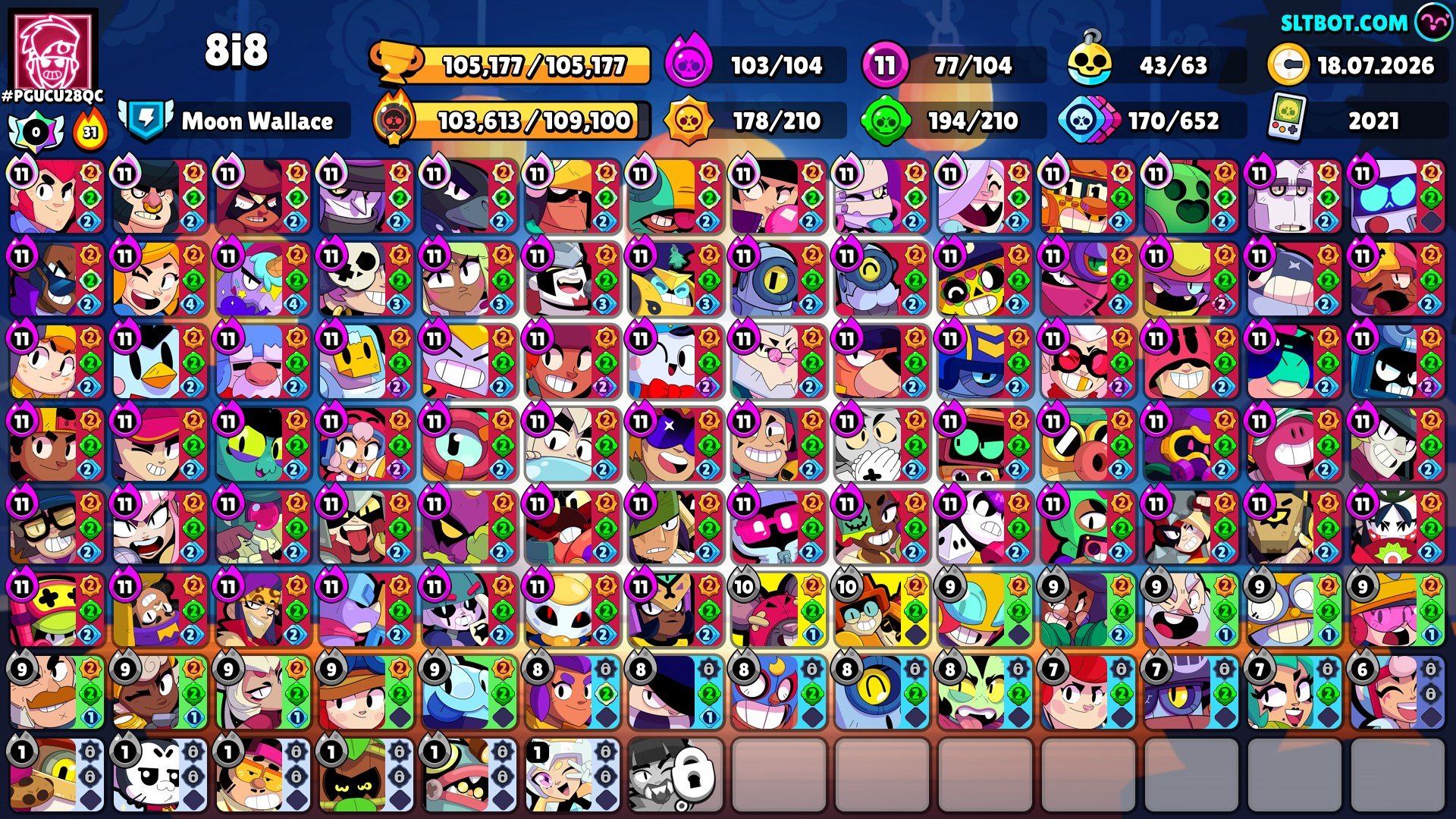own account 2021, trophies 105000, brawlers 103, primes 73