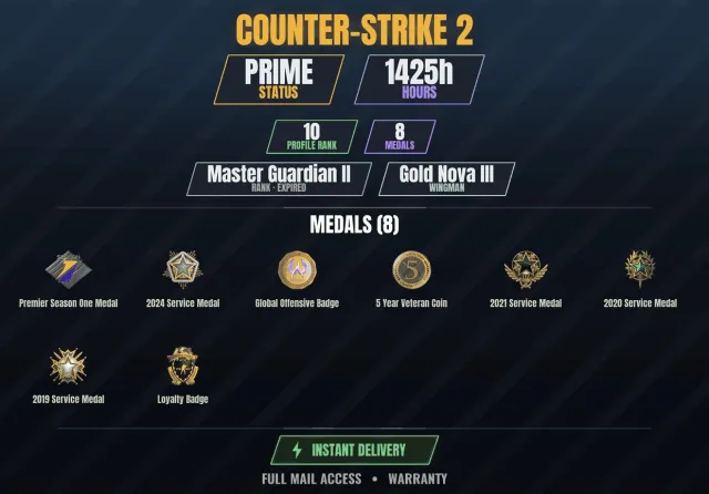 【CS2 Prime💠1400h💎8 medals】 Service Medal 2019, Service Medal 2020, Service Medal 2021, Sale, Inventory empty, Has PRIME