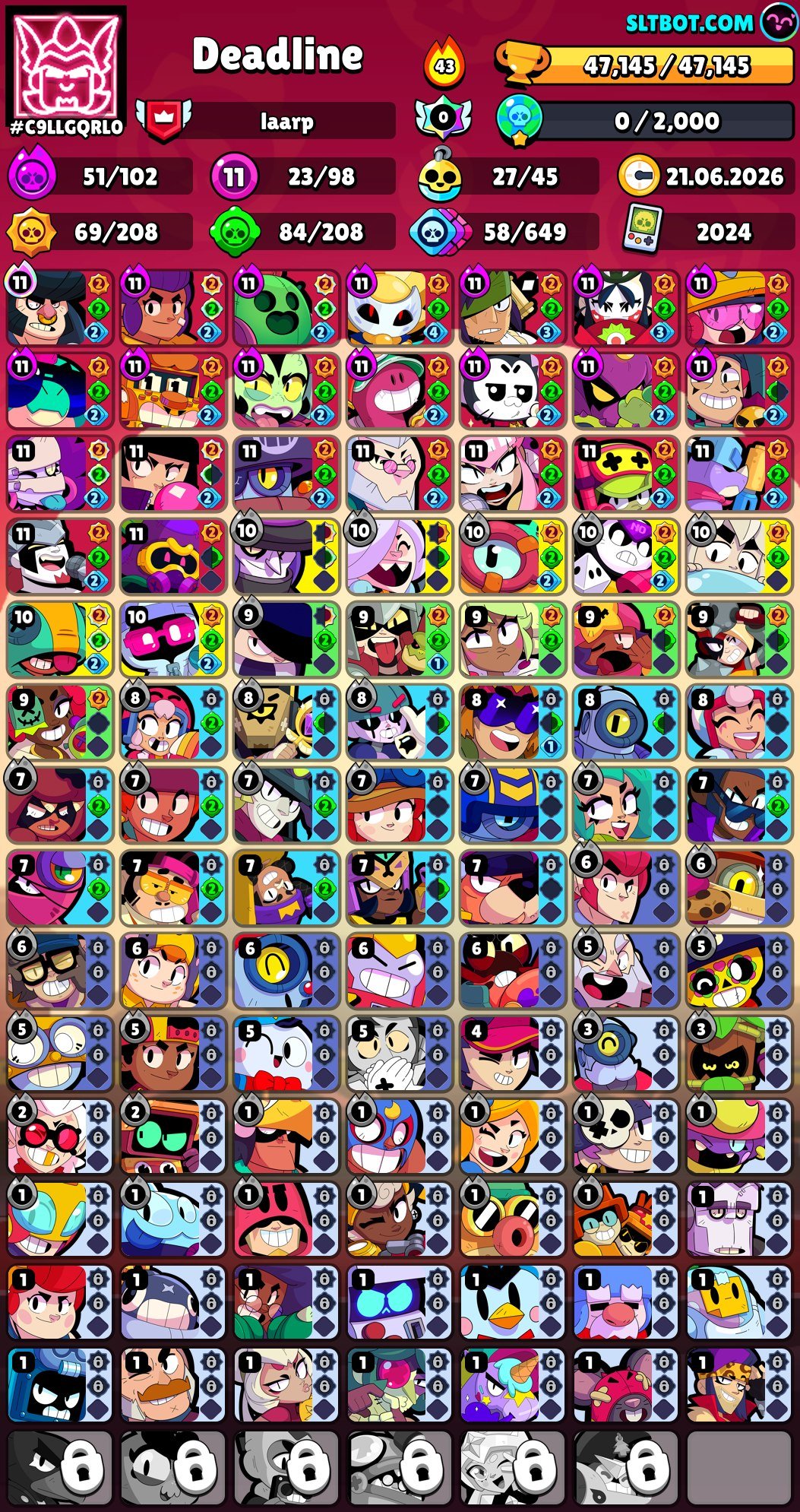 🤯🤯LEGA+3 PRIMEONDAMIAN🤯🤯[47K]🏆98/104👤51 HYPER22 11 FORCES🪙230 SKINS FOR 24,072 K GEMS🎎💮27 BUFFY❇️, trophies 47145, brawlers 99, primes 34