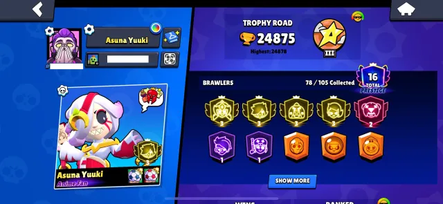 4 3 prestige, pin matcherino winner, trophies 25000, brawlers 78, primes 16