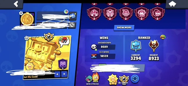 124k trophies 85-11 and 80 hyper charge 2x master, 124000 trophies, 105 brawlers, 110 primes