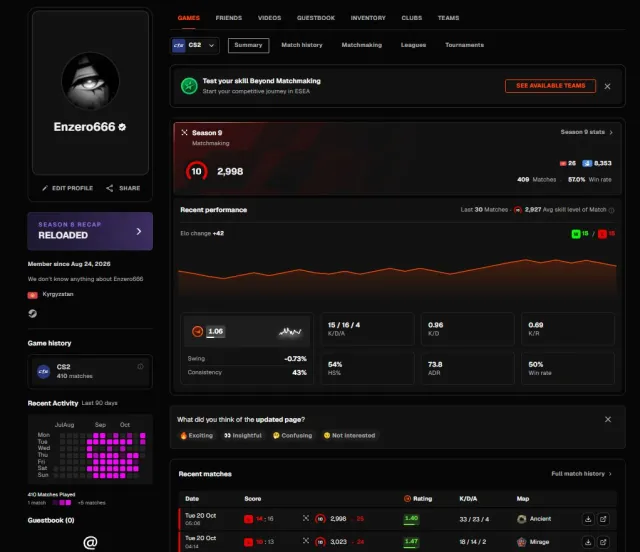🖤 FACEIT 10 LVL + PRIME 🖤 2998 ELO 🖤 410 MATCHES 🖤 VERIF + REVERIF 🖤 NATIVE MAIL 🖤 1K FP