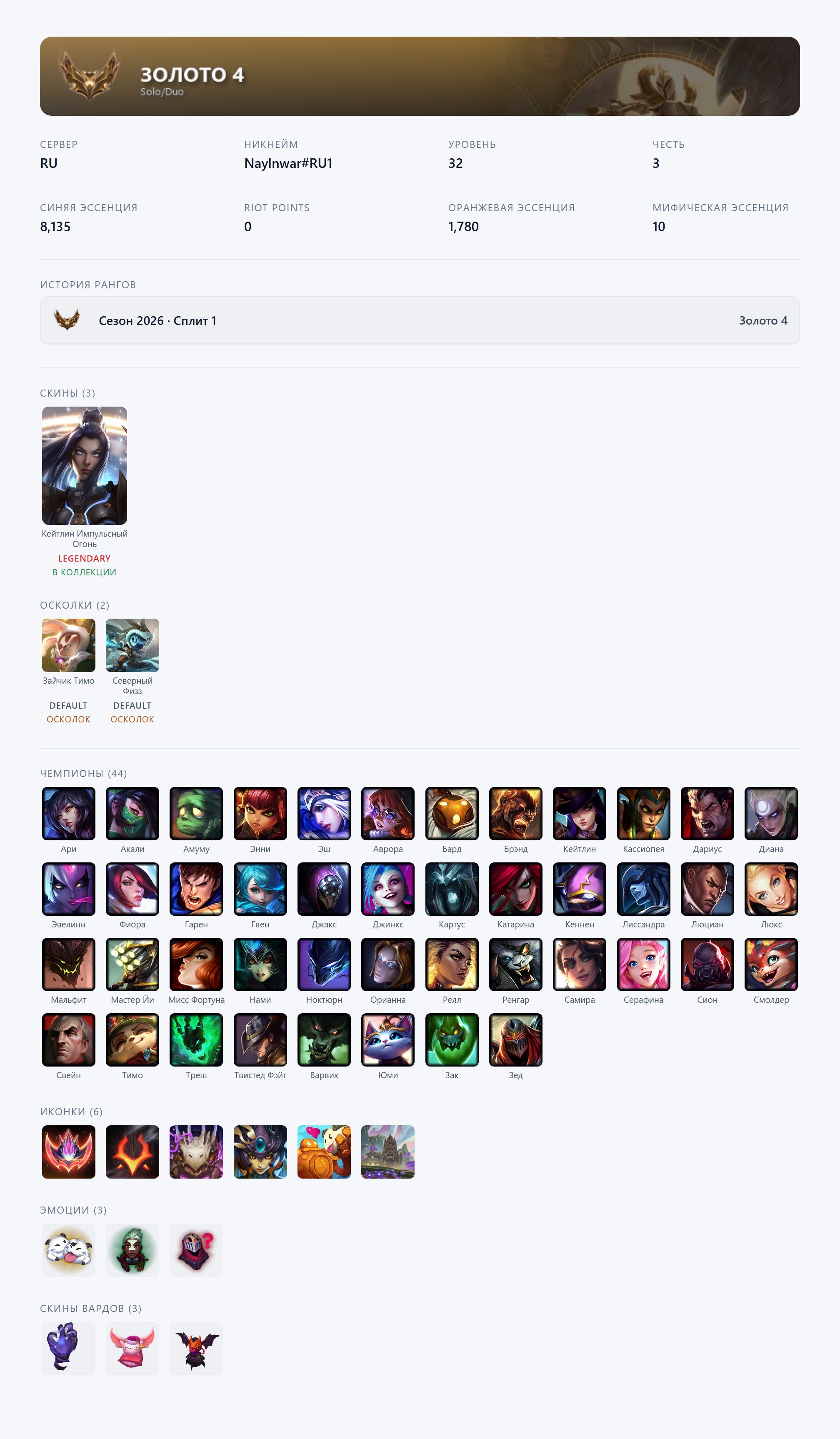 🟥🕗 AUTO DELIVERY ⬜️ Pulsefire Caitlyn, Cottontail Teemo, Tundra Fizz 🟥✅ EMAIL ⬜️#XKRK, Sale, level 32, champions 44, skins 3, Gold