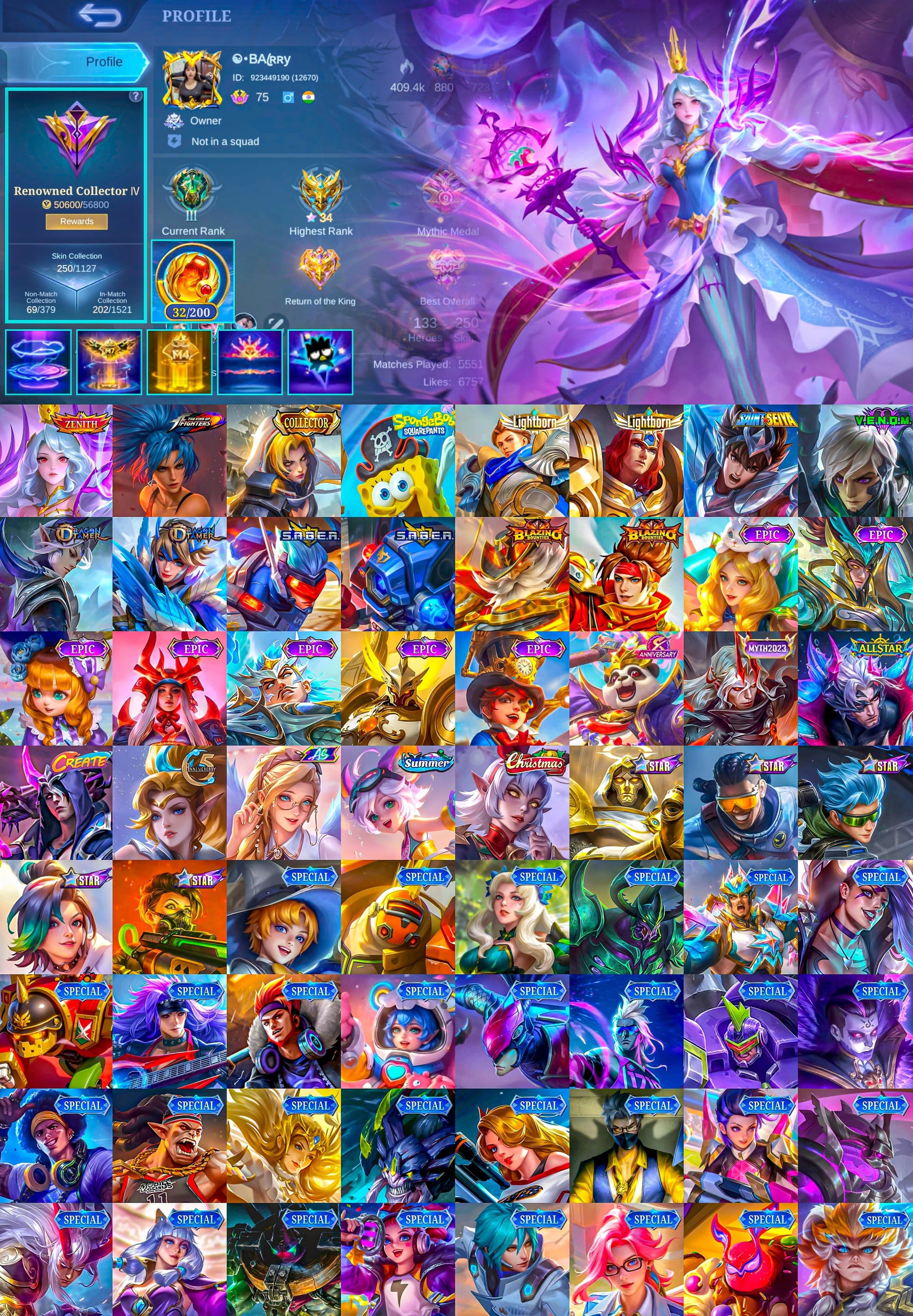 Max Heroes, Zenith Vexana, Lightning Recall, SpongeBob, Global 🔥, Sale, Rank: Mythic, Level: 105, Winrate: 50%, Heroes: 133, Skins: 250