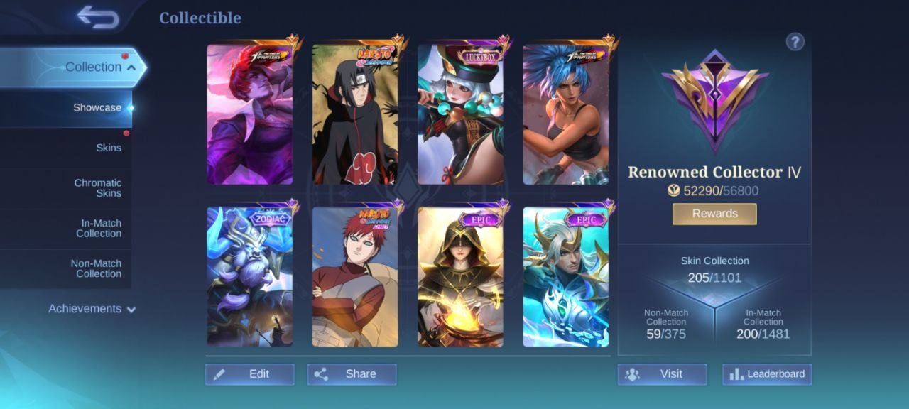 Naruto Julian KOF Chou Karina LUCKYBOX Ruby 32 deluxe Gaara Vale EPIC Roger, Sale, Rank: Mythic, Level: 58, Winrate: 52%, Heroes: 95, Skins: 205