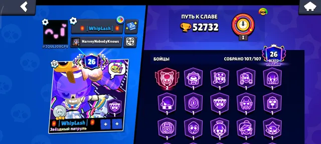 37 - 11 power, 289 skins (27 mythic and 11 legendary + 114 epic) 2b+, 52700 trophies, 107 brawlers, 26 primes