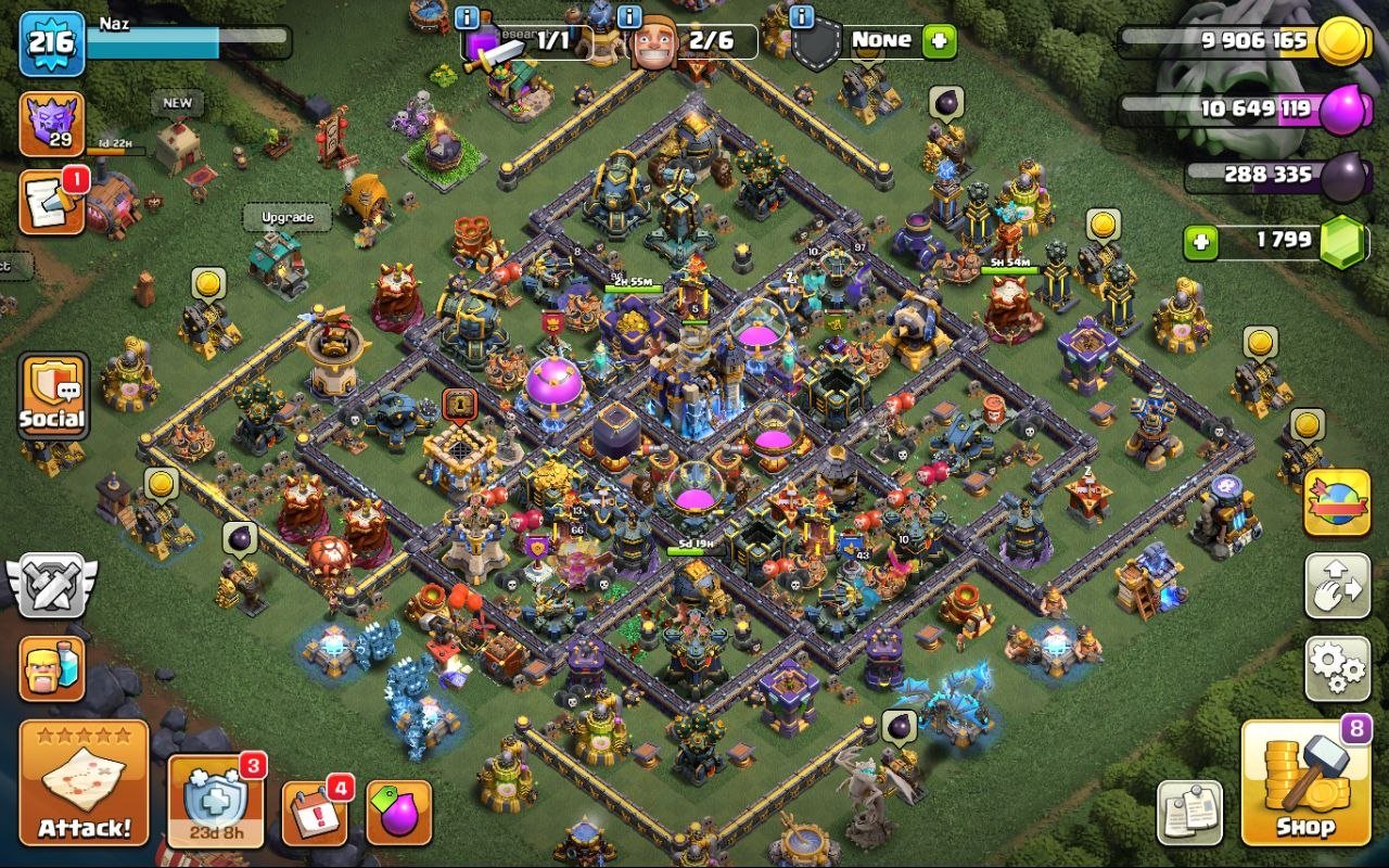 18 тх | 216 LVL | 96/97/63/66/43/9 | 1 к гемов + 1,9 к лвк + фулл снаряга | описание👇, 18 TH Main Village, 10 TH Builder