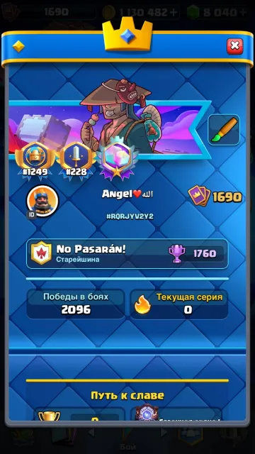Top 228 gt 1249 top, 32 arena, 16 level, 14000 trophies, 123 cards, 23 leg, No