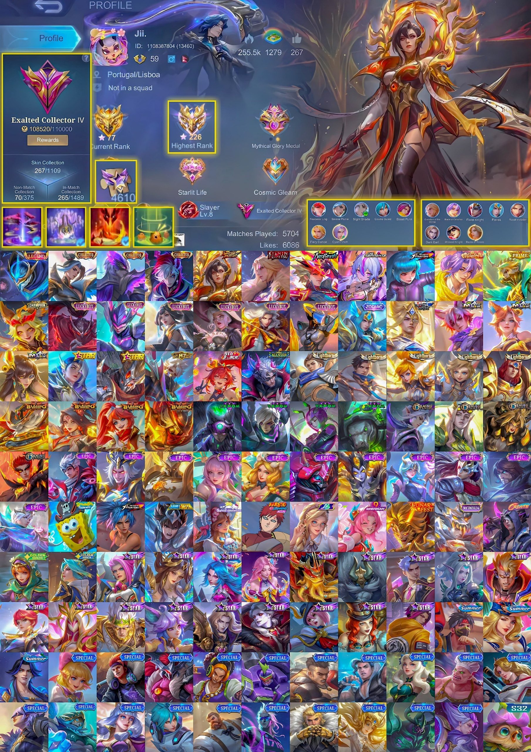 🔥 220 in max, Legendary Gossen, Collector Ling Eimon, Kishin Lancelot, Benedetta Vessel, Sale, Rank: Mythical Immortal, Level: 59, Winrate: 51%, Heroes: 107, Skins: 267