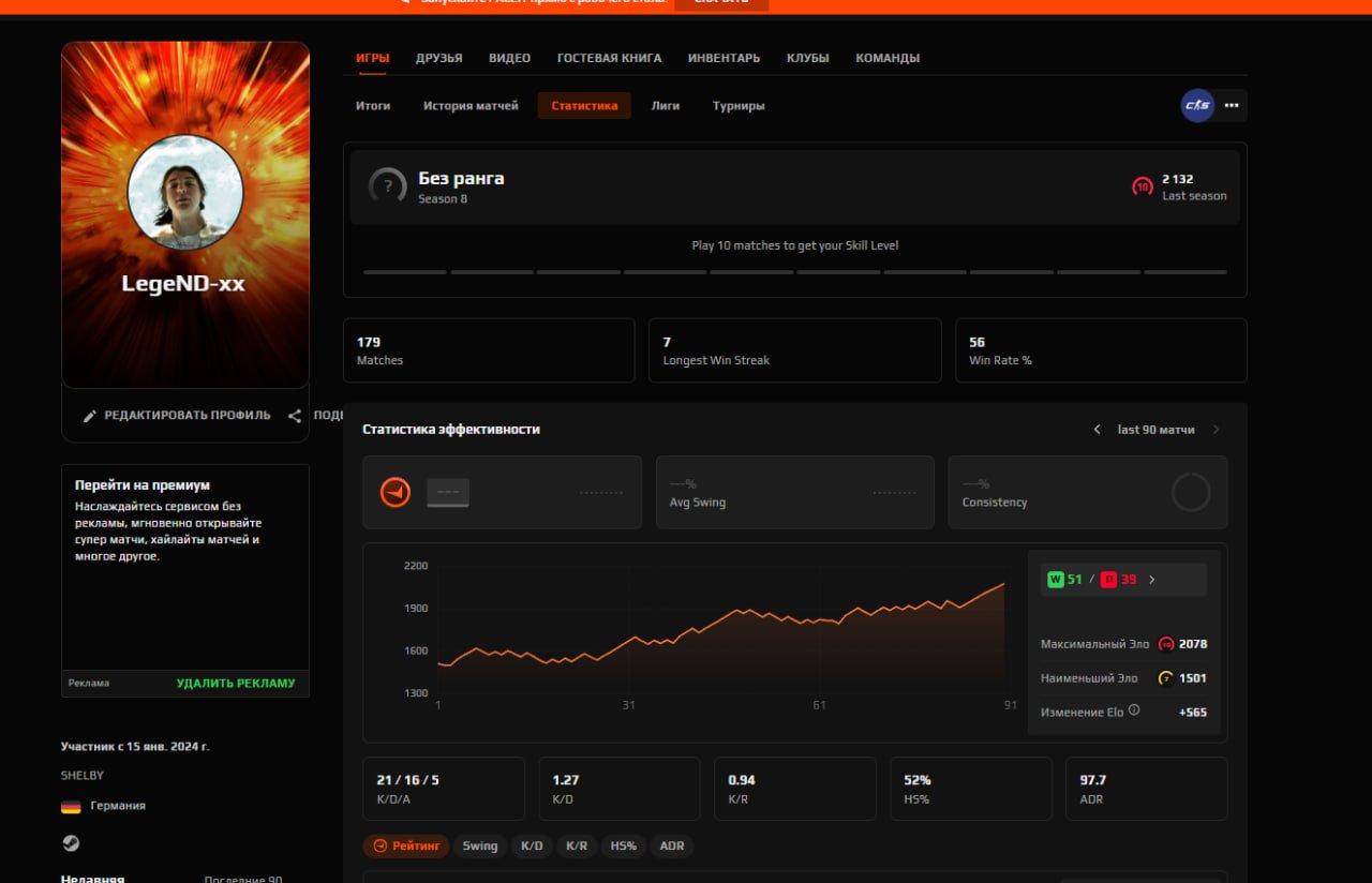 ⚡ 2132 ELO ⚡🧊10 LVL🧊 ✅ 179 MATCHES ✅ 🧡NOT A SMURFF🧡 ‼️REQUIRES VERIFICATION‼️, Sale, Empty, No PRIME, FACEIT, 2132 ELO, With registration: Yes