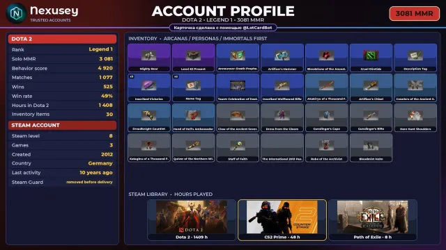 🚀 ⟦ DOTA 2 ⟧ LEGEND 1 · 3081 MMR (RANKING) ✦ 4920 BEHAVIOR ✦ FULL ACCESS ✨ #36BESN, Sale, 3081 MMR, 4920 behavior, 4920 politeness, 1077 matches