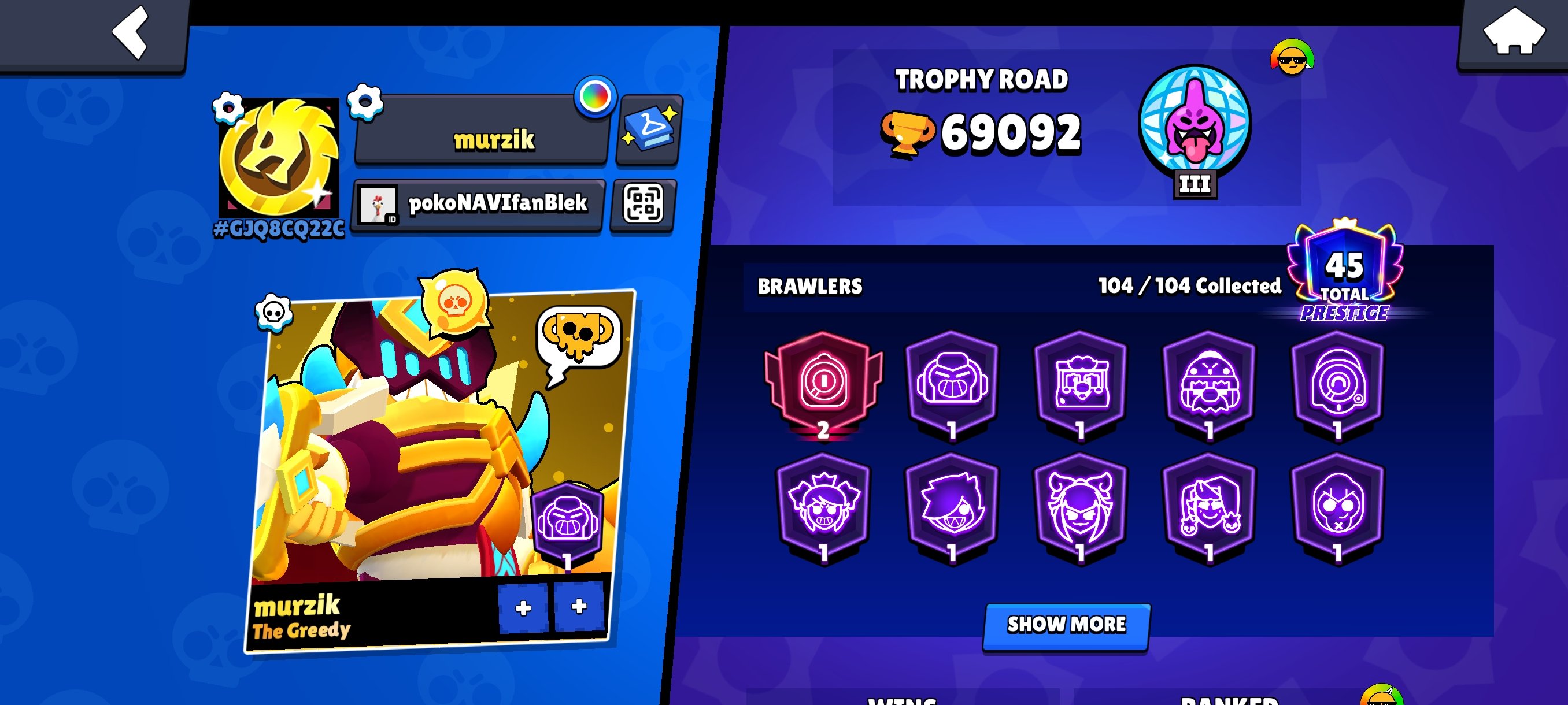 all skins MHA, pp crow skin, 4 BP+ collect, trophies 70000, brawlers 105, primes 45