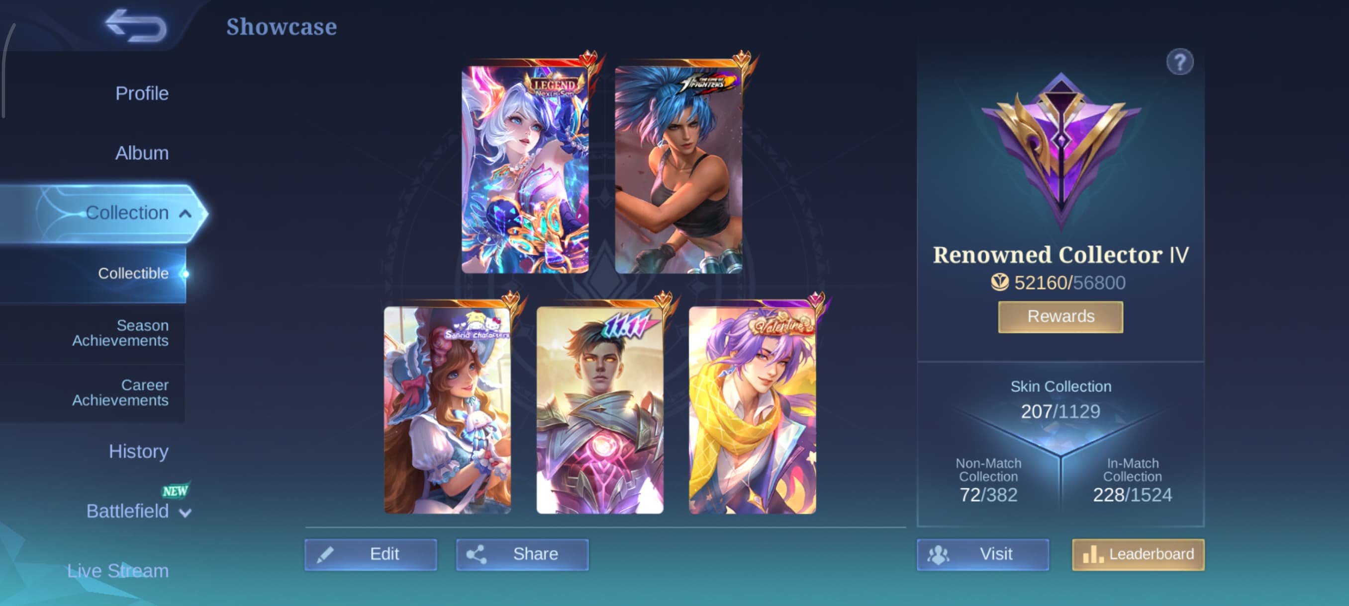 🔥52K Points🔥 Legend Layla, 11.11 Gusion, Valentine Lancelot, kof karina, Sale, Rank: Mythical Immortal, Level: 68, Winrate: 55%, Heroes: 100, Skins: 207