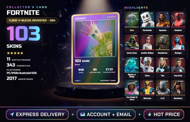 🦙 PC • PSN • ANDROID • IOS ◆ LVL. 948 • 103 SKINS ◆ Groot, Marshmallow, Aquaman, Deadpool, Doctor Doom, Sale, skins 103