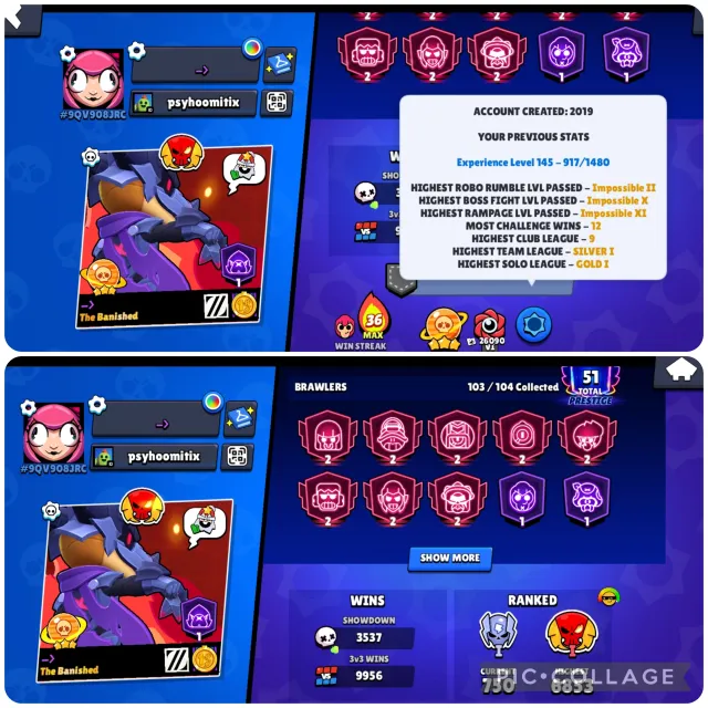 🏆𝟕𝟐𝟎𝟎𝟎🏆🎴𝟏𝟐 BP (𝟑 OLD) + PRO PASS🎴GOLDHAND🀄❤️🔥𝟖 x 2 PRESTIGE🀄𝟑𝟑𝟖 SKINS❤️🔥🏅𝟓𝟐x11 + 𝟑𝟐 BUFFIE🏅, trophies 71832, brawlers 103, primes 51