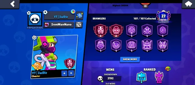 53.9k trophies | 107/107 Brawlers | In the club Creator Academy (Tensai / Hasbullah / Diabb) | Prestige 27, 54000 trophies, 107 brawlers, 27 primes