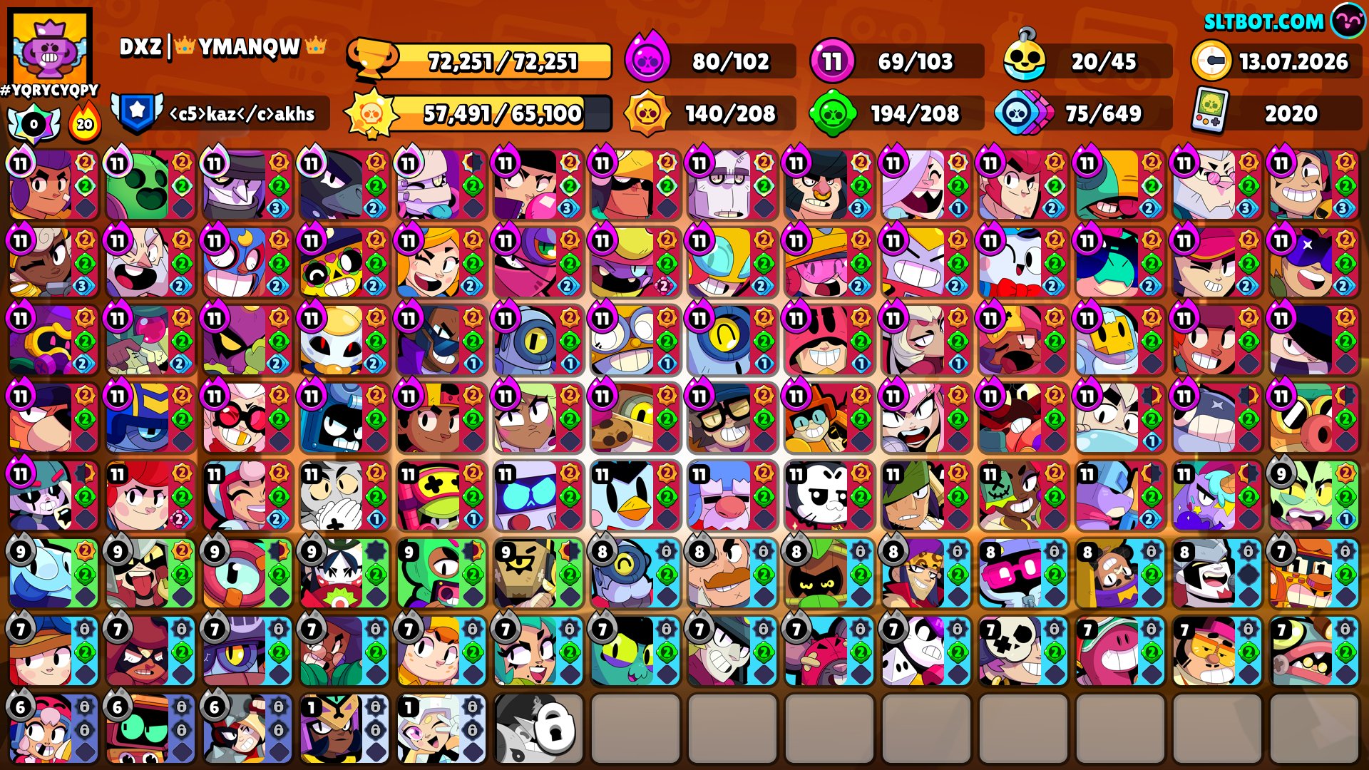 🚨72K🔮103/104⚡69 11 STR📉CHEAP REGION👾9 HYPERCHARGE SKIN☀️SOLAR GLORY📌CUPS PINS🤖AUTO ISSUE, trophies 72251, brawlers 103, primes 47