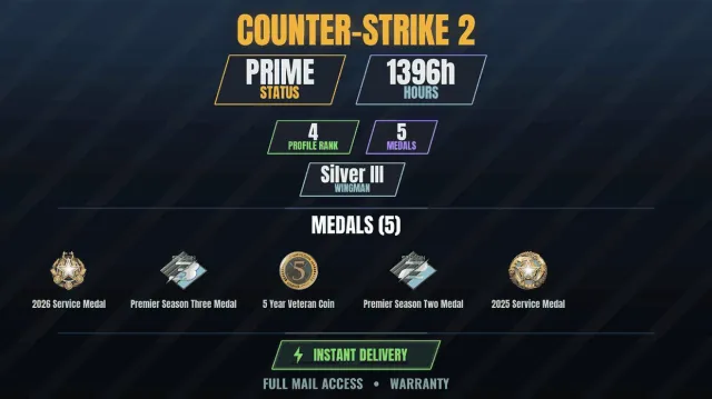 【CS2 Prime✨1300h🏆5 medals】 Service Medal 2025, Service Medal 2026, Premier Season Three, Sale, Inventory empty, Has PRIME
