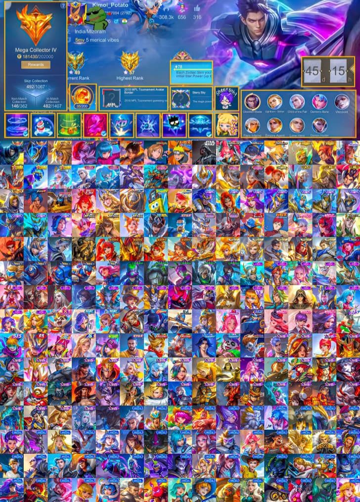 🏆 Mega Collector 4 👑 2x Lgnd 🥊 4x KOF💖 3x Aspirant 🍥 Melissa JJK ⭐ Argus Star Wars 🍥 Lukas Naruto, Sale, Rank: Mythic, Level: 106, Winrate: 60%, Heroes: 133, Skins: 492