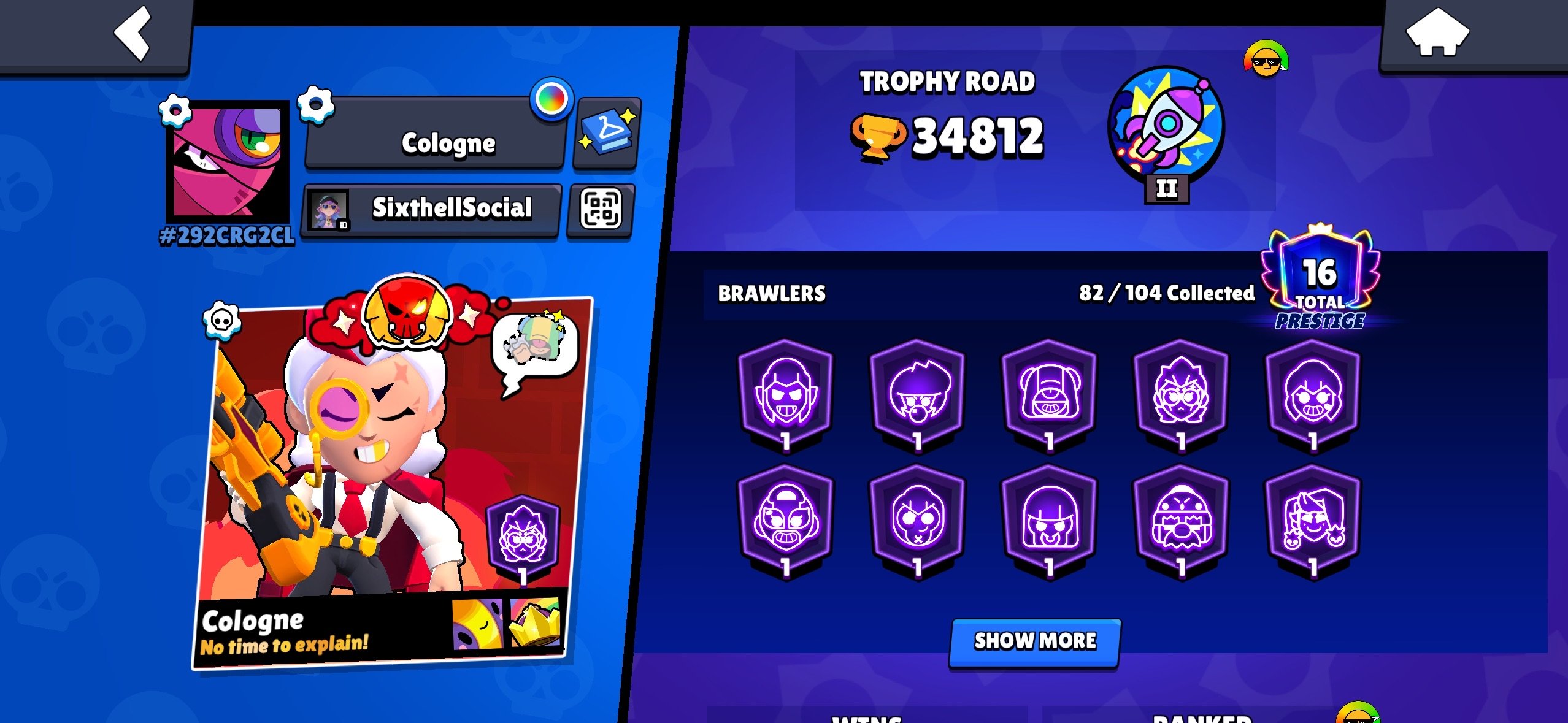 Veteran's AccountBelle GoldhandTryhard Player, trophies 34812, brawlers 82, primes 16
