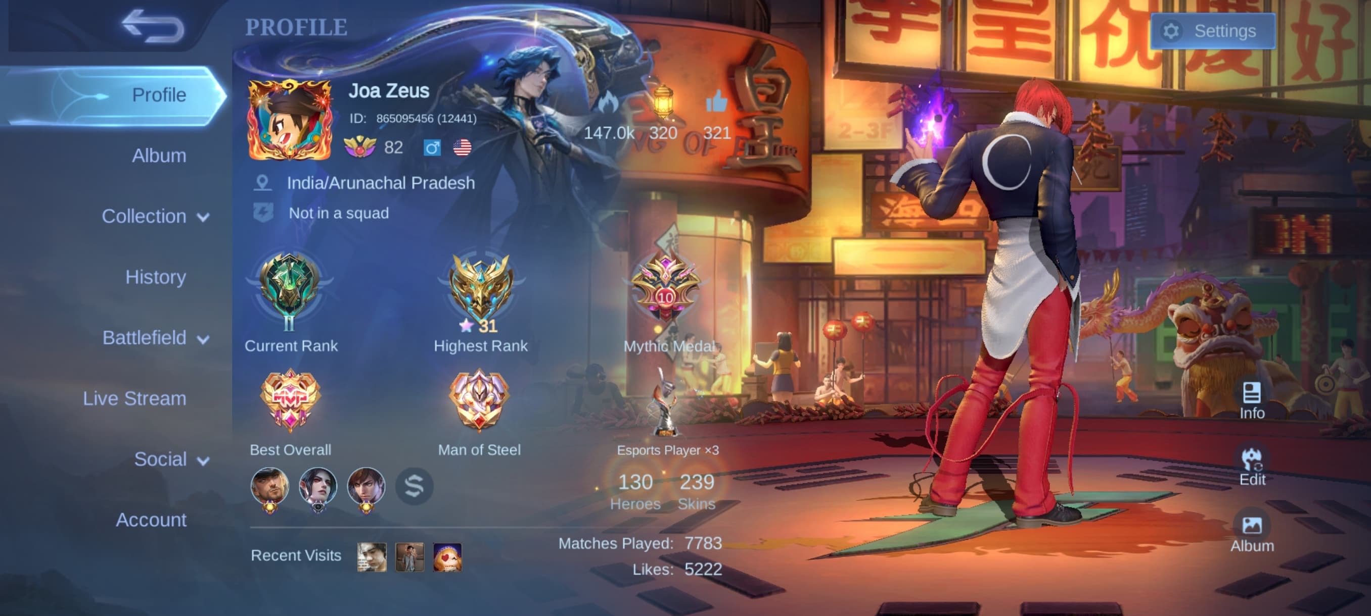 🥊 Chou KOF ⚡ Yin Yuji Itadori 🌟 Hayabusa Golden Star 🤖 Roger Lucky Box 🐉 Zilong Lucky Box, Sale, Rank: Mythic, Level: 88, Winrate: 100%, Heroes: 130, Skins: 239