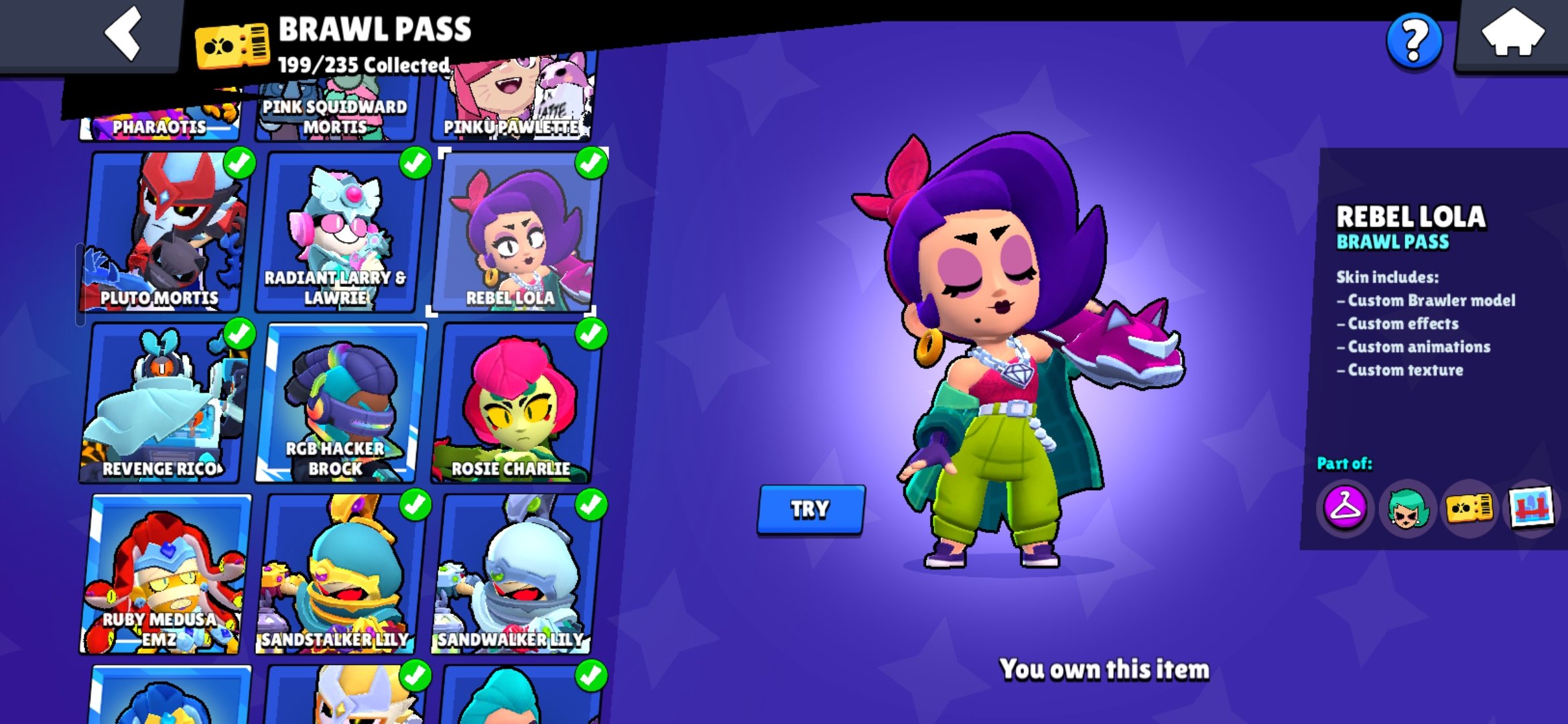 Massive account with good amount of rare skins, trophies 106330, brawlers 102, primes 100
