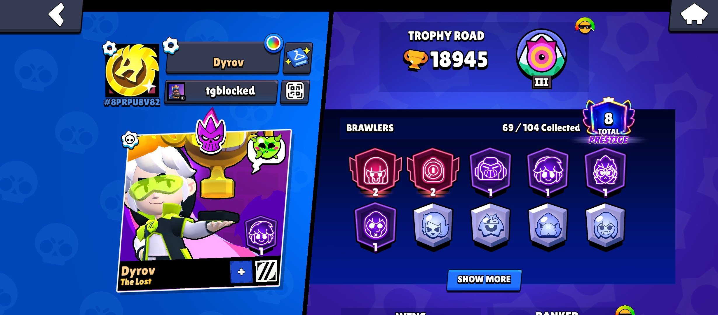 OLD ACC 2019🏆18945🏆 ✨12x11✨9 HYPERCHARGES✨ 69/104 BRAWLERS, THERE IS A COOL SUPERCELL ID!, trophies 18945, brawlers 69, primes 8
