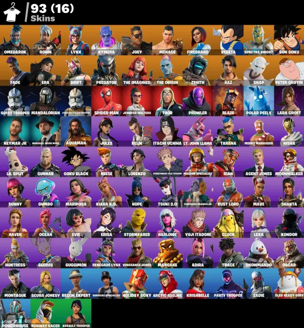 👕 93 skins 🎮 1271 Niveau 💰 700 V-bucks 💰 Omegarok | Ronin | Lynx | Kymera | Joey | Menace |, Vente, skins 93