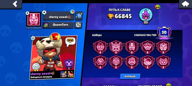 ⎛⎝🌟104/105🌟⎠⎞🌟10 2 ПРАЙМА🏆67К🏆2 БП+🌻 29/11; 23/9 LVL🌻ЛУННАЯ СЛАВА 2🔥215+ СКИНОВ‼️ОПИСАНИЕ, 67000 кубков, 104 бравлеров, 30 праймов