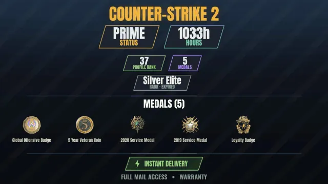 【1 game】【CS2 Prime💎1000h🎯5 medals】 Service Medal 2019, Service Medal 2020, Loyalty Badge, 5, Sale, Inventory empty, Has PRIME