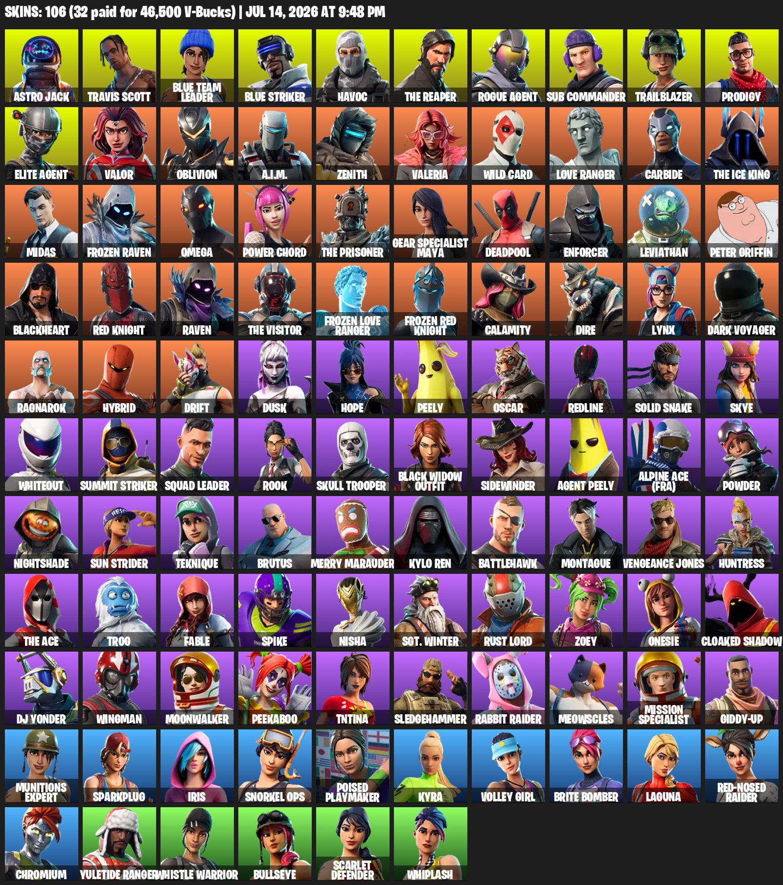 OG⚡️106 SKINS🌙TRAVIS SCOTT🌎TAKE THE L🌍ASTRO JACK☄️OFFLINE 800+ DAYS⭐️FULL ACCESS🌙, Sale, skins 106