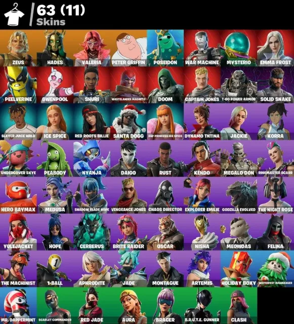🟣 63 SKINY 🟣 1178 LVL 🟣 350 VB 🟣 Zeus🟣Hades🟣Valeria🟣Peter Griffin🟣Poseidon🟣War Machine🟣Myster, Sprzedaż, skiny 63