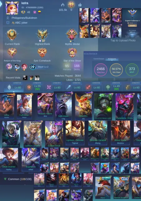 [SEA/GLOBAL] Ex-Honor 37⭐| 166 Skins | M5, KOF, Zodiac, 2x Lightborn, Lucky Box | High WR 56.5%, Sale, Rank: Legend, Level: 48, Win Rate: 56%, Heroes: 95, Skins: 166