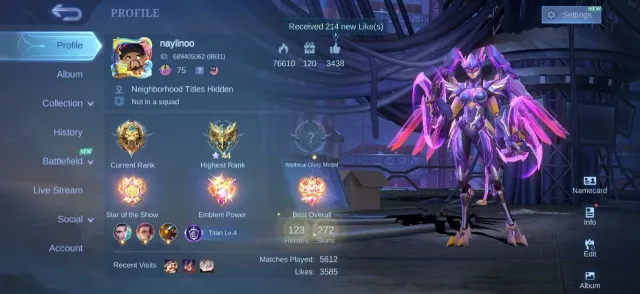 KOF Karina💎Prime Granger🌟Luckybox Chou✨Alpha⚡Karrie💫37 Deluxe💎Epic Clint🌟Gara Vale✨MC 76⚡Emblem Max, Продажа, Ранг: Легенда, Уровень: 75, Процент побед: 49%, Герои: 123, Облики: 272