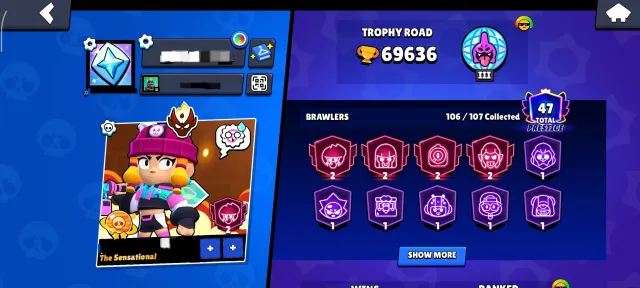 🏆 MASTERS RANK 🏅 35 RANK / R35 ⚜️ 2 OLD PRESTIGE 🔥, 69636 trophies, 106 brawlers, 47 primes