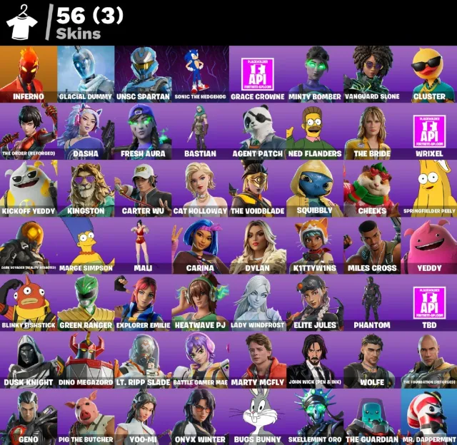 👕 56 skins 🎮 Level 1601 💰 50 V-bucks 💰 Inferno | Glacial Dummy | UNSC Spartan | Sonic the, Sale, skins 56