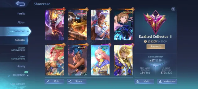 🔥 EXALTED COLLECTOR 2 (131K POINTS) • FRANCO LEGEND • MELISSA NOBARA, GRAND MIYA-FLORYIN🔥, Продажа, Ранг: Мифический, Уровень: 132, Процент перемог: 46%, Герої: 133, Облики: 417