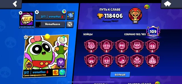 A killer account, trophies 118000, brawlers 104, primes 110