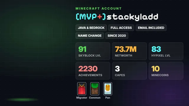 👑 [MVP+] 🌱 SkyBlock 91 ур 💰 73.7M Networth 🦸 Плащи (3): Migrator ✅ Java & Bedrock & полный доступ, Продажа, Все данные по аккаунту