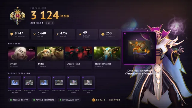 🎮 FOR SALE S31 • 💎 DOTA+ TIERS · Chen 6 LVL • 🎫41 TOKENS • 🏆69 TROPHY • 🛡8947 BEHAVIOR • 🧡3648 MATCH, Sale, 3124 MMR, 8947 Behavior score, 8947 вежливости, 3648 games, 3648 hours