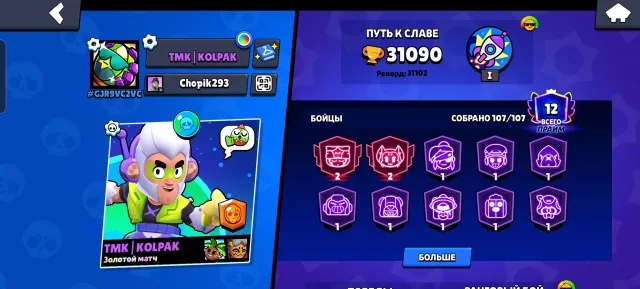 31K кубков | 107/107 Бойцов | 12 ПРАЙМ ,9 Лег скинов 15 Мифик 96 Эпик, 31090 кубков, 107 бравлеров, 12 праймов
