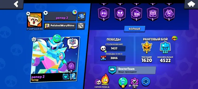 Nickname can be changed for free, 47200 trophies, 107 brawlers, 19 primes