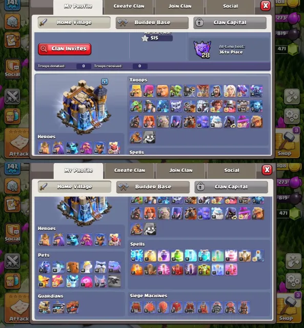 Th18 black base type account➤1 hero max➤4 epic max almost➤nc 500 gems, 18 TH Родной Деревни, 10 TH Строителя