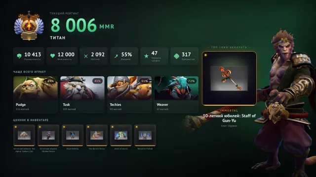 🕸【 8006 MMR 】🏆 【 47 TROPHY 】⭐️【 100% GUARANTEE 】🎁【 Dota Plus 】 mainpool NOT A BOT, Sale, 8006 MMR, 12000 integrity, 10413 politeness, 2145 matches, 1939 hours