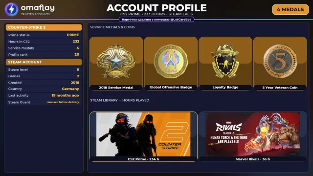 ⚡ CS2 PRIME ⚡ +4 RARE MEDALS: SERVICE 2018 · GO · LOYALTY • 2016 · FULL ACCESS #47SO7R, Sale, Inventory empty, PRIME available