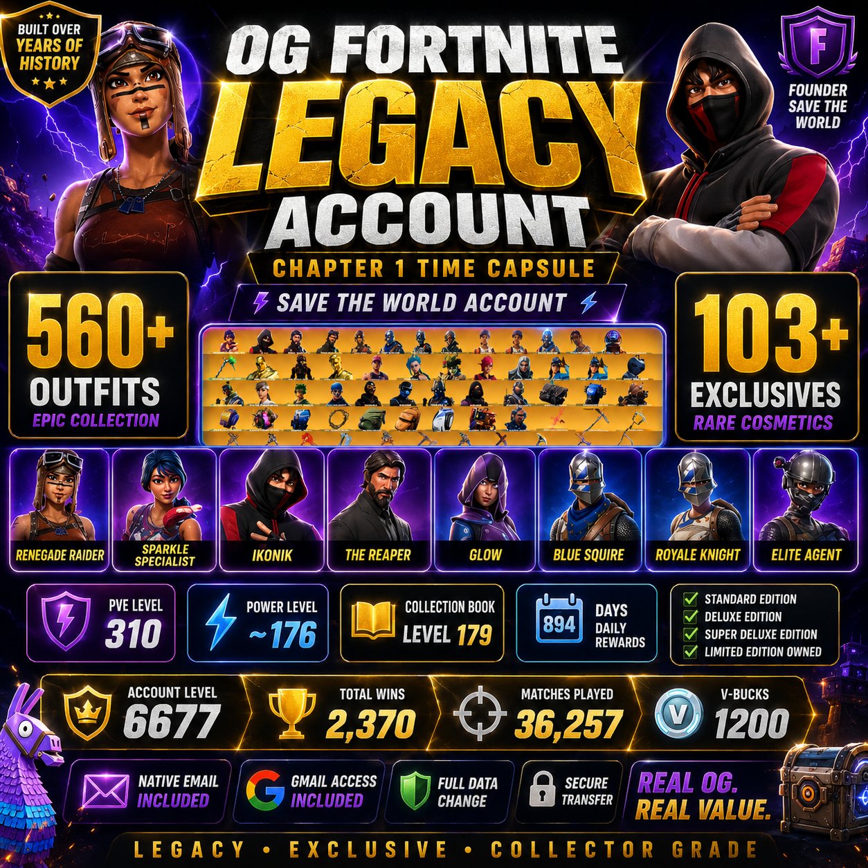 SAVE THE WORLD x 560 SKINS 🔥👑 x ⛏️ 524 Pickaxes 💃 438 Emotes 🪂 349 Gliders ⭐ 103 Exclusive, Sale, skins 560