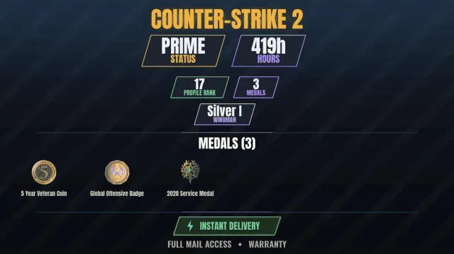 CS2 Prime🎯419h👑3 medals Medal for Service 2020, 5-Year Veteran Coin, Global Offensive Badge, Sale, With Inventory, Has PRIME